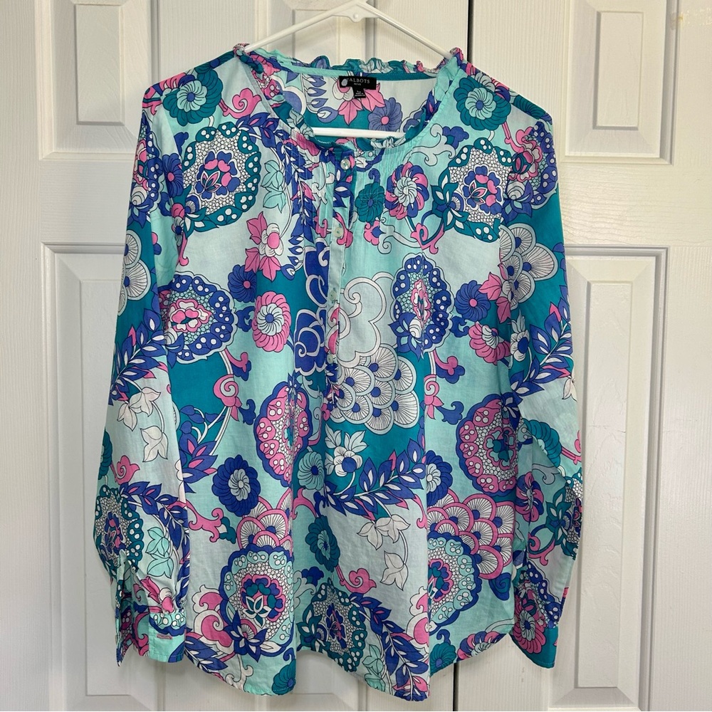 Talbots Paisley & Floral Pastel Button Pop Over Long Sleeve Cotton Top Sz LP